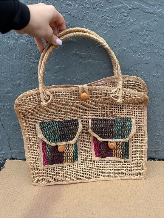 Handbags - Vintage Woven Straw Jute Handbag Boho Tote Bag Wooden Button Pockets Handmade